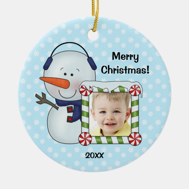 Snowman Kids Christmas Photo Personalised Ceramic Ornament (Front)