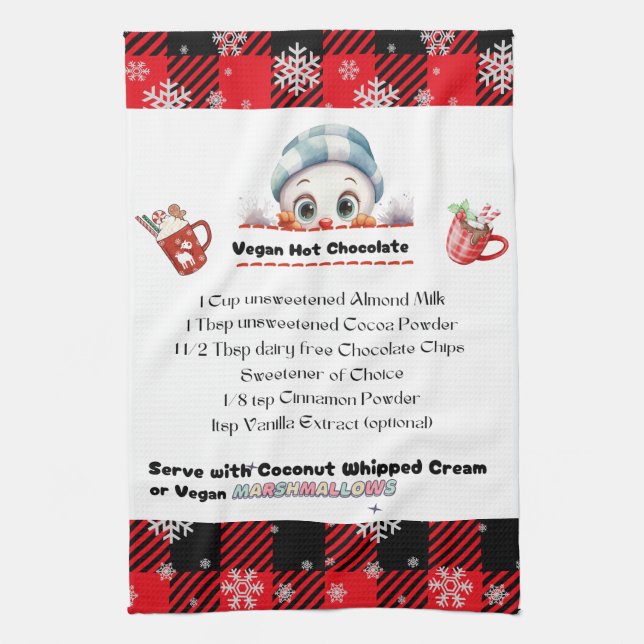 Snowman Kitchen Towel, Vegan Hot Chocolate Recipe Tea Towel (Vertical)