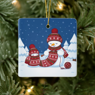 Snowman Knitting Christmas Scarf Ceramic Ornament