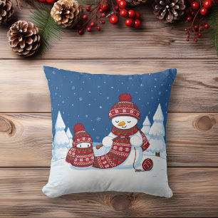 Snowman Knitting Christmas Scarf Cushion