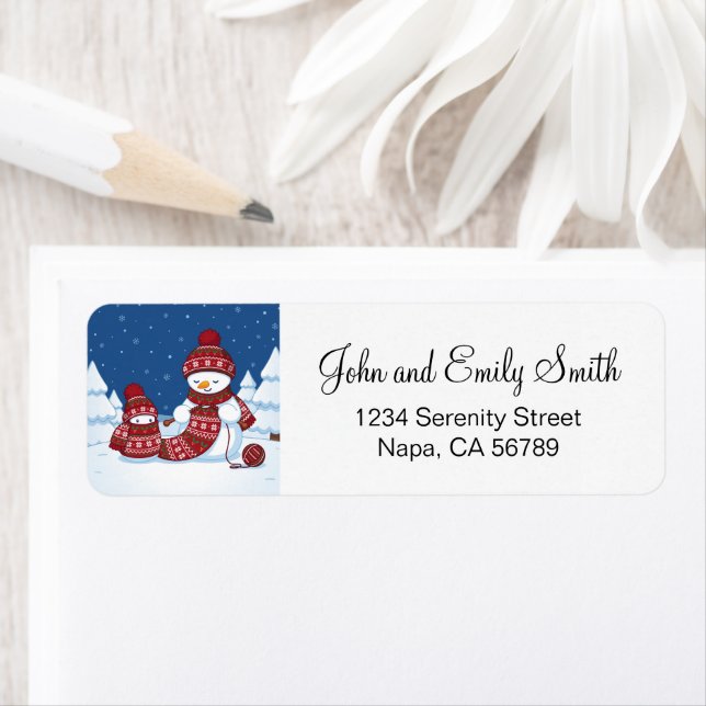 Snowman Knitting Christmas Scarf Return Address Label (Insitu)