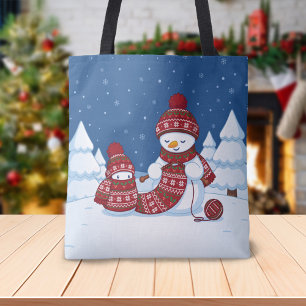 Snowman Knitting Christmas Scarf Tote Bag