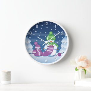 Snowman Knitting Christmas Scarf Wall Clock