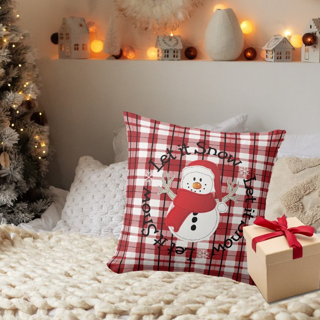 Snowman Let it Snow Red Black Personalised  Cushion (Creator Uploaded)