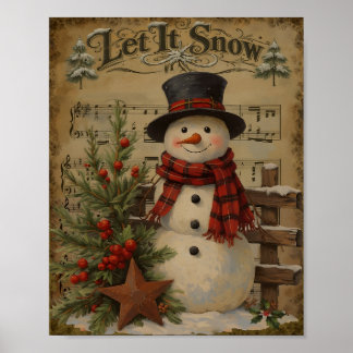 Snowman Let It Snow Sheet Music Country Primitive Poster