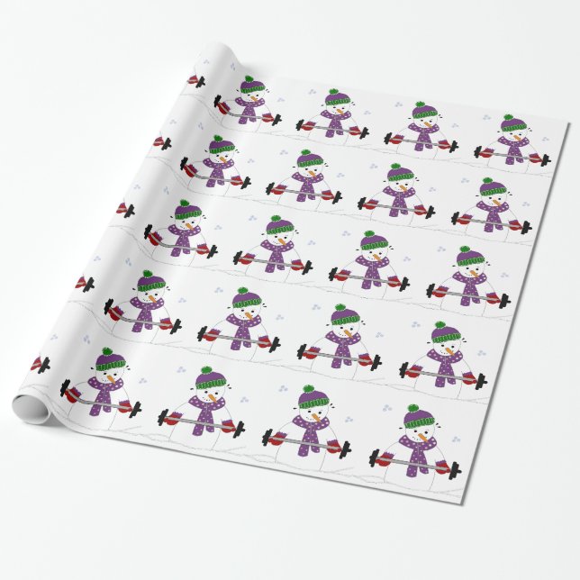 Snowman Lifting Weights Wrapping Paper (Unrolled)