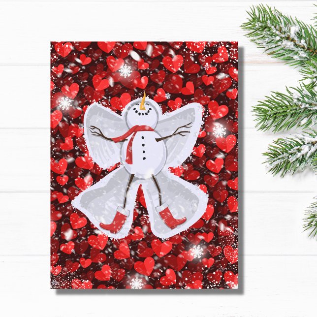 Snowman Making a Snow Angel on Red Hearts Winter Postcard (Creator Uploaded)