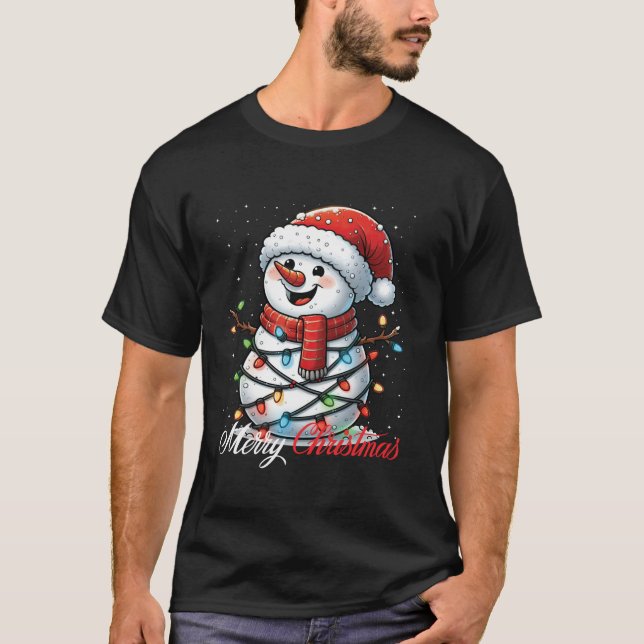 Snowman Merry Christmas Lights Santa Hat Xmas Snow T-Shirt (Front)