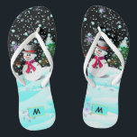 Snowman "Merry Christmas" personalised monogram Thongs<br><div class="desc">This design is a complete template project, you can customise it in the following ways: (1) you can replace the designs with your own, as well as resize or rotate and move the design as per your choice. (2) you can customise the text font style, colour, size or transformation. (3)...</div>