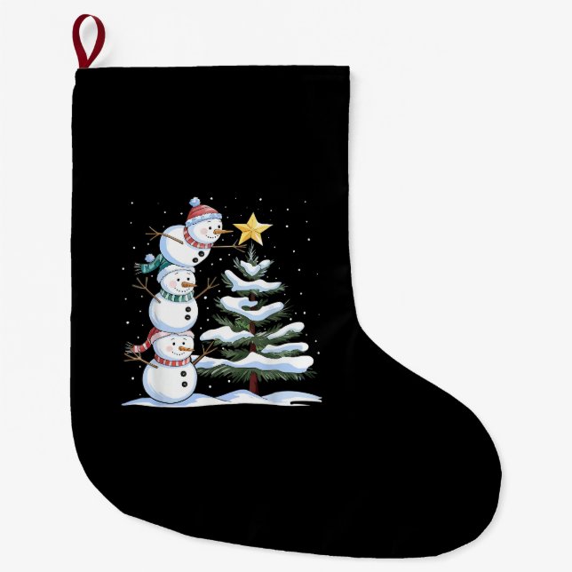 Snowman Merry Christmas Santa Claus Tree Snow Fami Large Christmas Stocking (Front)