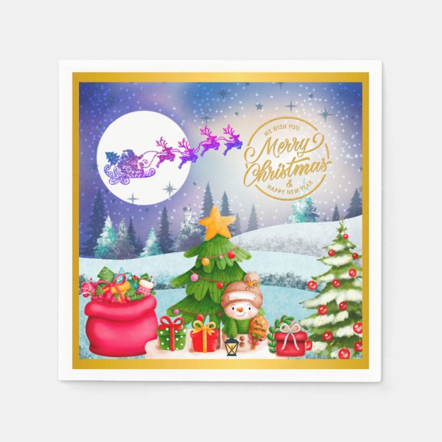 Snowman Merry Christmas Tree Gift & Happy New Year Napkin (Front)