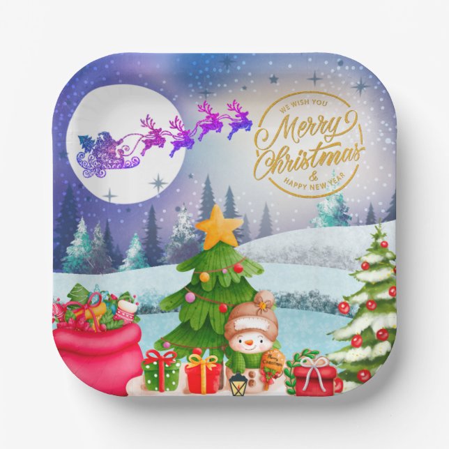 Snowman Merry Christmas Tree Gift & Happy New Year Paper Plate (Front)