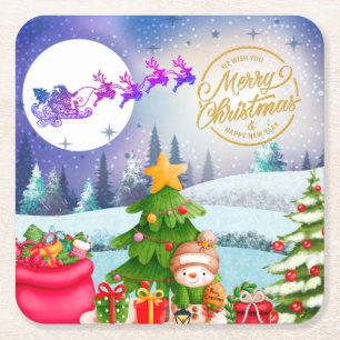 Snowman Merry Christmas Tree Gift & Happy New Year Square Paper Coaster