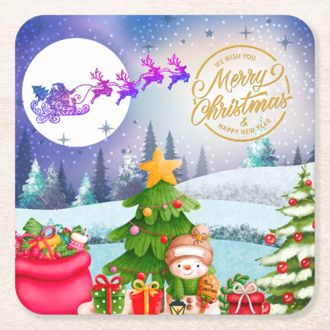 Snowman Merry Christmas Tree Gift & Happy New Year Square Paper Coaster (Front)
