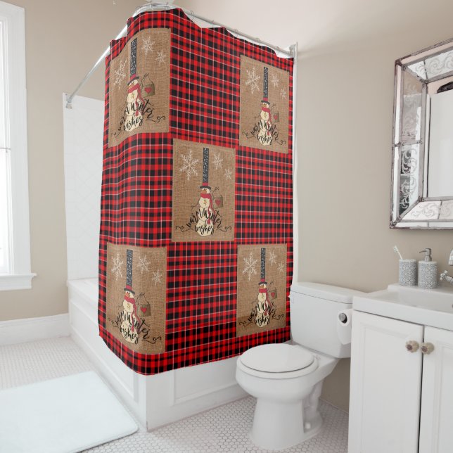 Snowman Merry Christmas with Plaid and Burlap Shower Curtain (In Situ)