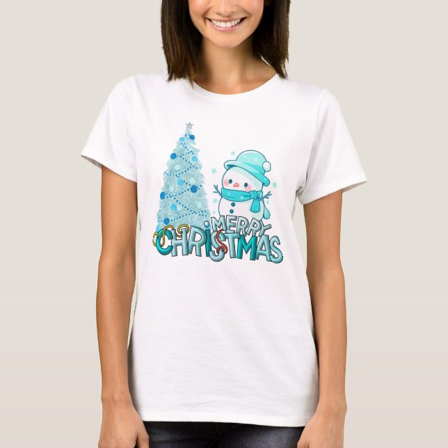Snowman Merry Christmas Xmas Tree Snow T-Shirt (Front)