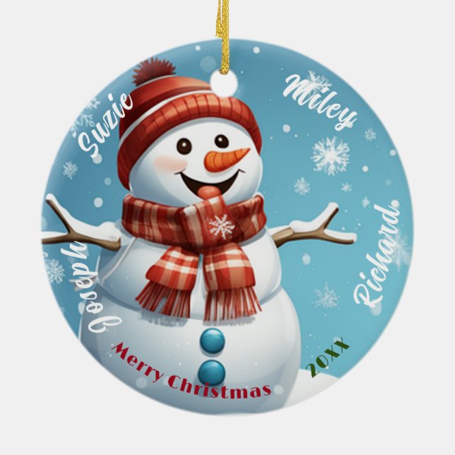 Snowman Name Ornament, Personalised Christmas Ceramic Ornament (Back)
