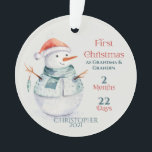 Snowman New Grandparents First Christmas  Ornament<br><div class="desc">Wonderful Grandparent's First Christmas milestone memory keepsake to celebrate the fact that they are grandma and grandpa to a new little baby girl or baby boy. Festive winter snowman done in watercolor graphic art. Customised with months and days of being new grandparents who are celebrating their Christmas as grandmother and...</div>