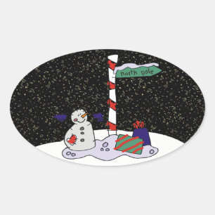 Snowman & North Pole - Oval Sticker