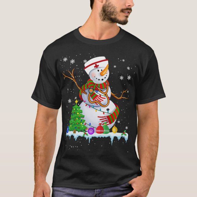 Snowman Nurse Christmas Lights Xmas Tree Snowman N T-Shirt (Front)