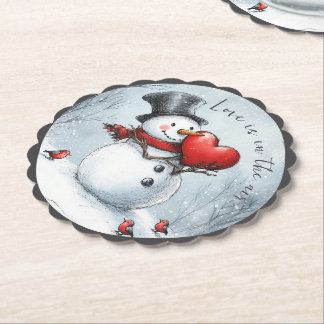 Snowman Offers Love with a Big Heart Paper Coaster