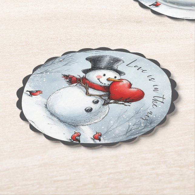 Snowman Offers Love with a Big Heart Paper Coaster (Angled)