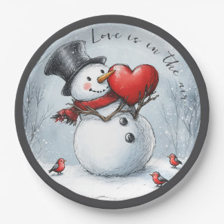 Snowman Offers Love with a Big Heart Paper Plate