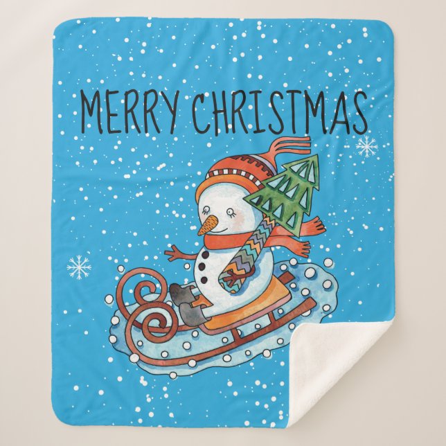 Snowman on a Sled Fleece Sherpa Blanket (Front)