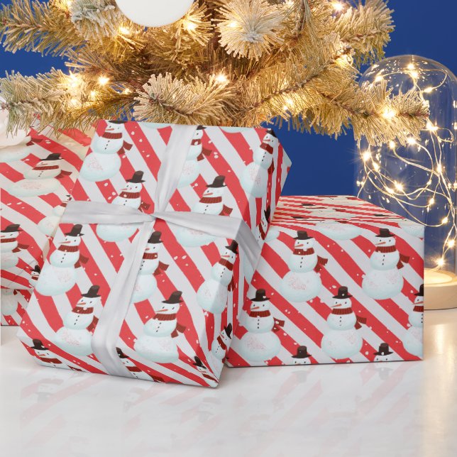 Snowman On Candy Cane Stripes  Wrapping Paper (Holidays)