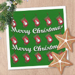 Snowman on Christmas Stocking Over Green Napkin<br><div class="desc">Your personalised napkin design features a tiled photograph of a red and green stocking with an adorable snowman dressed with a seasonal plaid scarf and hat set over a red background. You can remove one or both of the black outlined white Merry Christmas text lines then click Customise to add...</div>