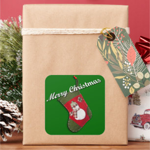 Snowman on Christmas Stocking Over Green Square Sticker