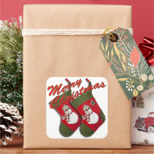 Snowman on Christmas Stocking Over White Square Sticker