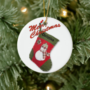 Snowman on Christmas Stocking Photograph Ceramic Ornament