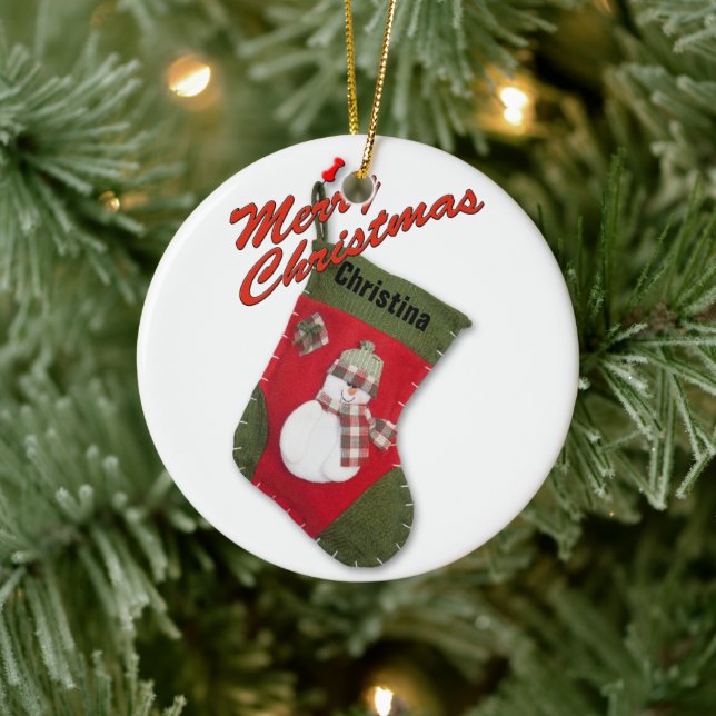 Snowman on Christmas Stocking Photograph Ceramic Ornament (Tree)