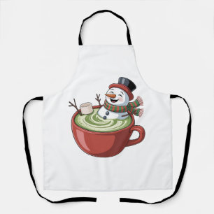 Snowman on Matcha Bathub Funny Christmas Apron
