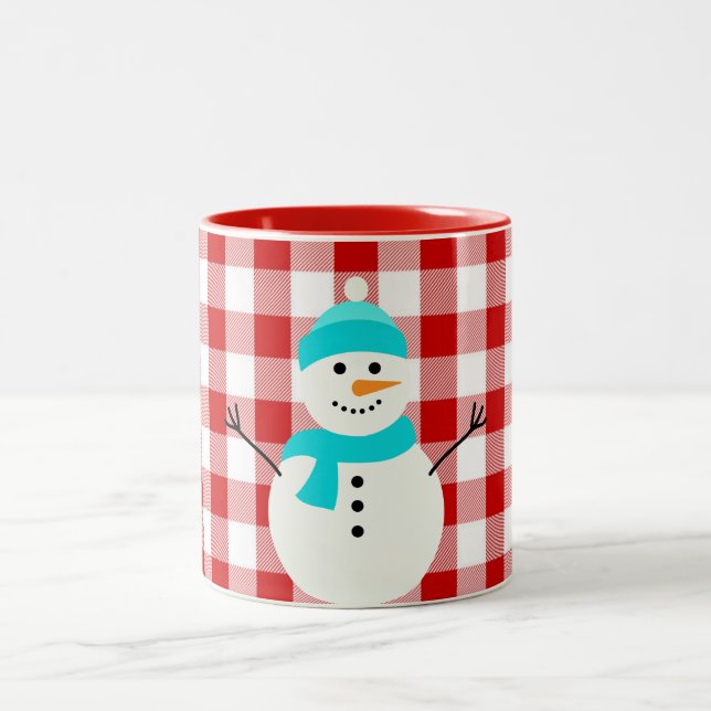 Snowman On Plaid Two-Tone Coffee Mug (Center)