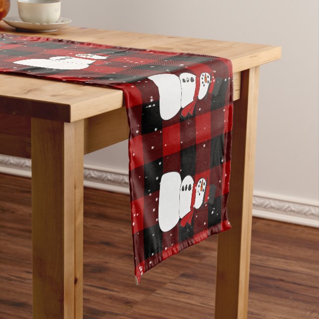 Snowman on Red Black Buffalo Plaid Short Table Runner (In Situ)