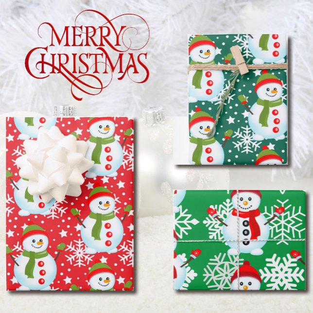 Snowman on Red & Green White Snowflakes Christmas Wrapping Paper Sheet (Creator Uploaded)