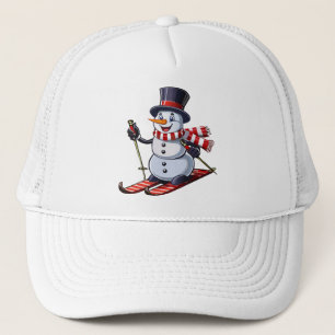 Snowman on skis in a top hat with a striped scarf