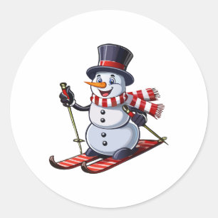 Snowman on skis in a top hat with a striped scarf classic round sticker
