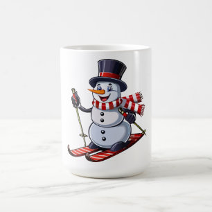 Snowman on skis in a top hat with a striped scarf coffee mug