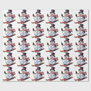 Snowman on skis in a top hat with a striped scarf wrapping paper