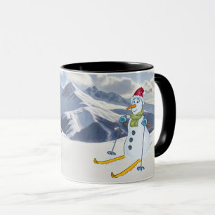 Snowman on Skis in snowy mountains Personalize Mug
