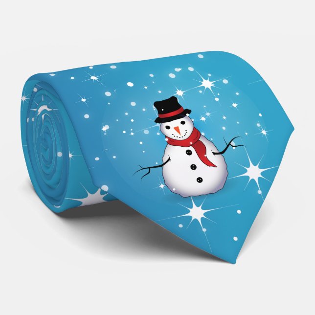 Snowman on Starry Blue Christmas Tie (Rolled)