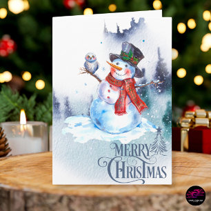 Snowman & Owl Watercolor Winter Scene Christmas Holiday Card