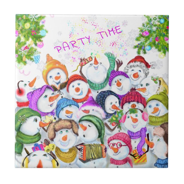 Snowman Party Christmas Ceramic Tile (Front)