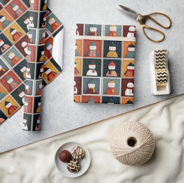 Snowman Patchwork in Hats & Scarves Wrapping Paper (Crafts)
