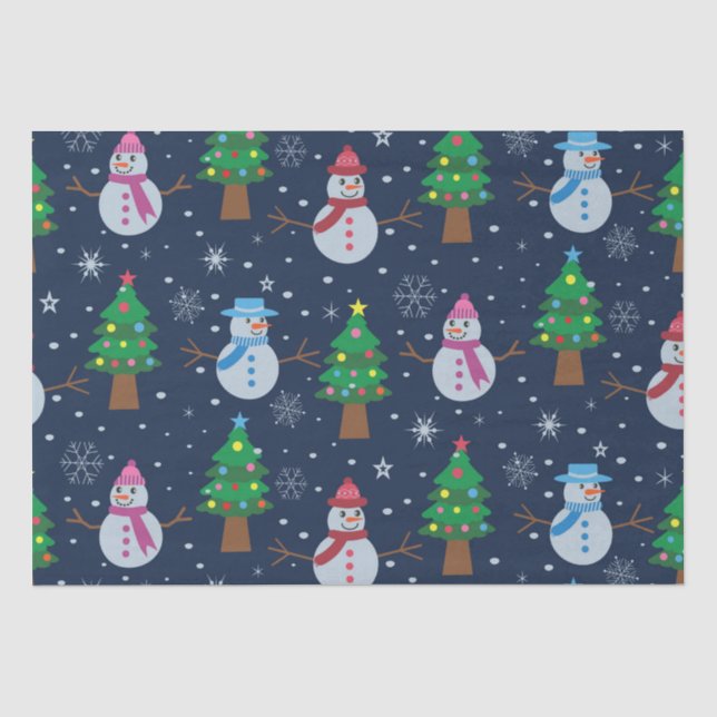 Snowman pattern with Christmas trees and snowflake Tissue Paper (Front)
