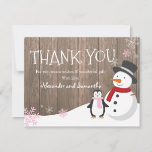 Snowman penguin Winter Rustic Wood Thank you card