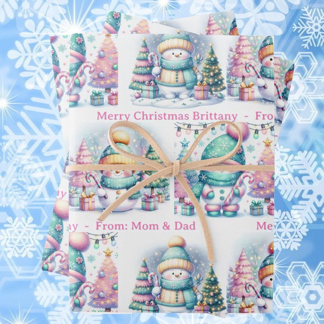 Snowman Personalise Pink Name Girl's Christmas 3 Wrapping Paper Sheet (Creator Uploaded)